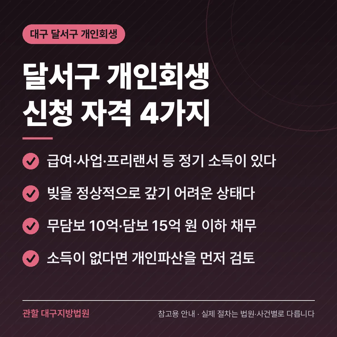 대구 달서구 개인회생 신청 자격 4가지 대구 달서구 개인회생 신청 자격 4가지